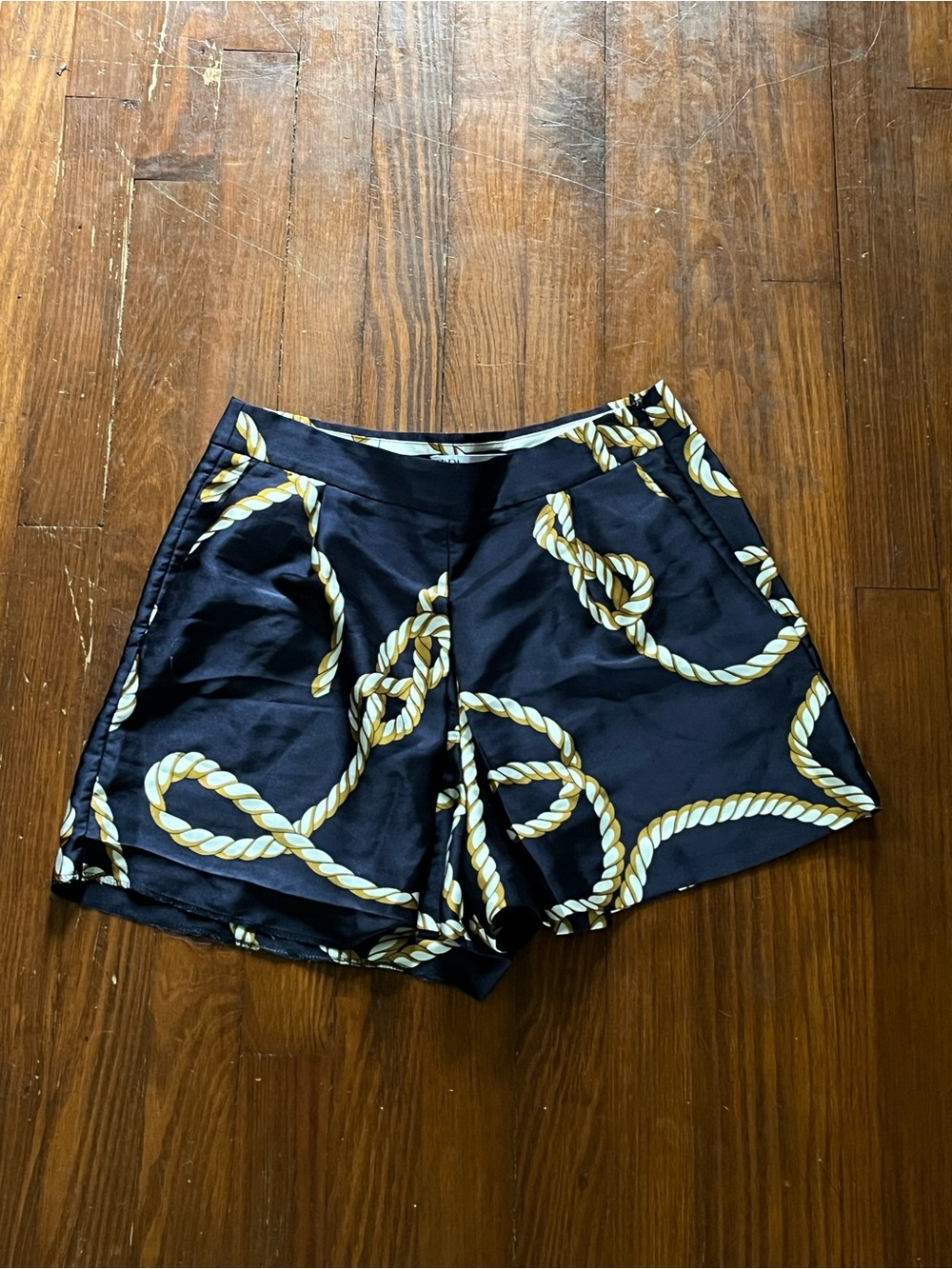 Zara Navy Satin High-Waist Shorts with Gold Rope Print